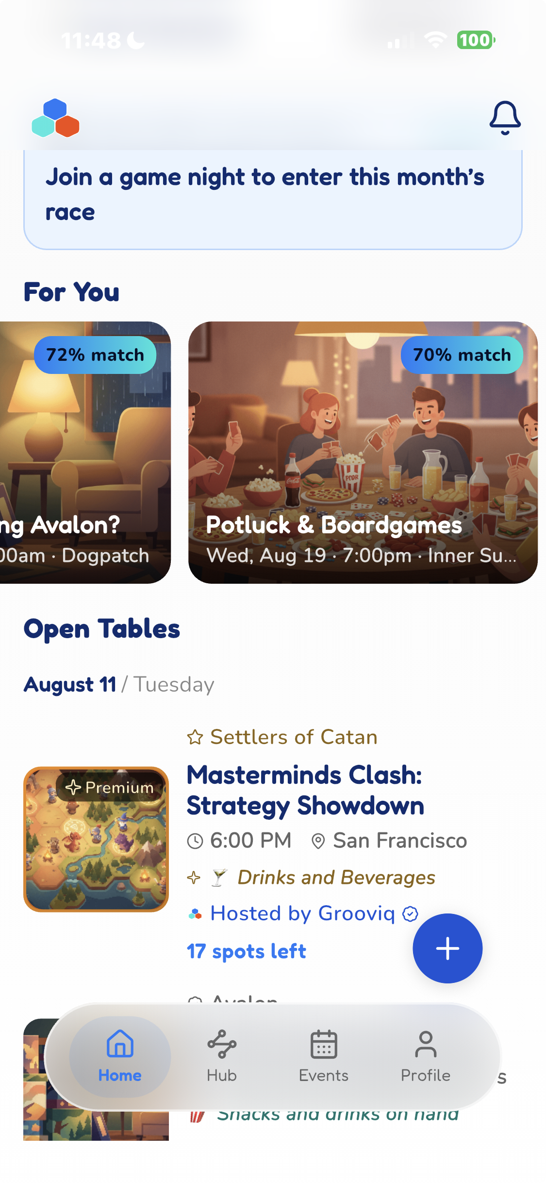 Grooviq app showing game recommendations and Open Tables