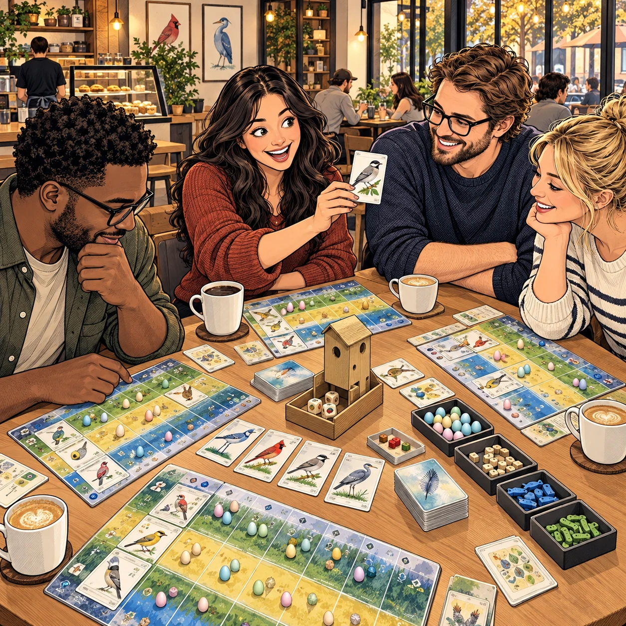 Comic illustration of friends playing Wingspan with bird cards at a café